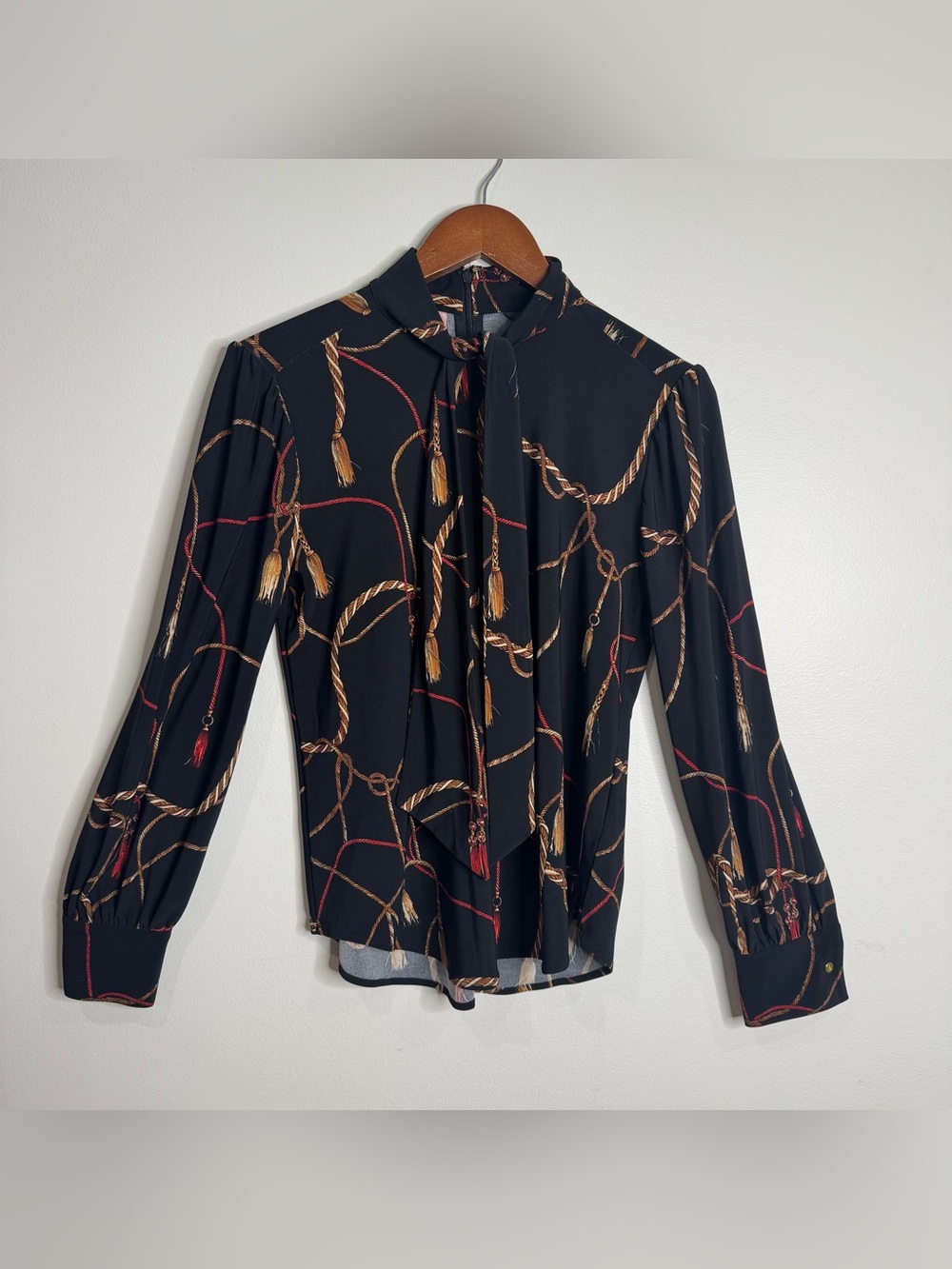 Lauren Ralph Lauren Equestrian Black High Bow Neck Bishop Sleeve Blouse Small